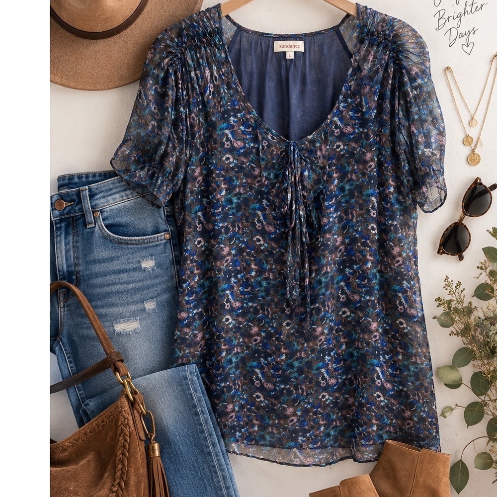 Sundance Blue Floral Mesh Flutter Sleeve Tie Neck Blouse Top Large